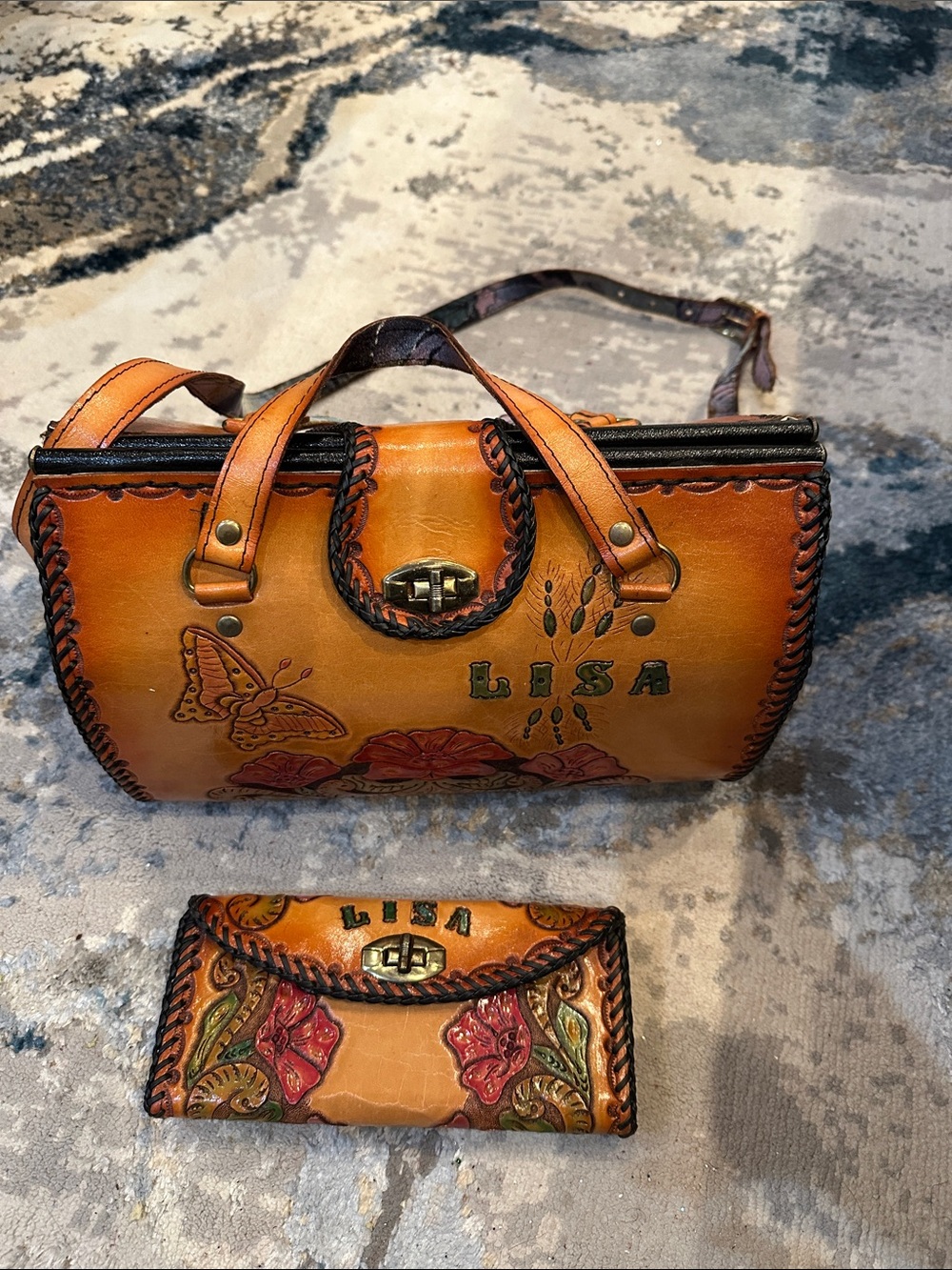 Hand-Tooled Leather Satchel & Wallet Set Tan Floral Lisa Engraved Velvet Lining
